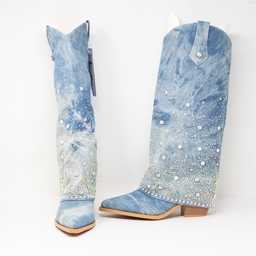 NEW Azalea Wang Mellow Western Crystal Rhinestone Jewel Heel Boots Shoes Blue 8